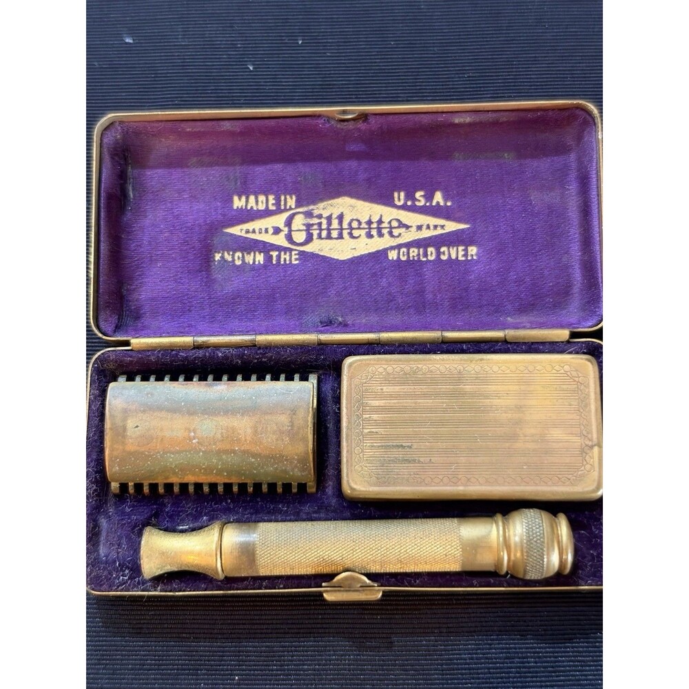 Antique Gillette Gold Tone Safety Razor Set W/Original Case & Razor Blade